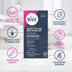VEET Sugar Wax Strips For Women's Body Hair Removal, Bikini Hair Removal Kit, Pubic, Dermatologically Tested For Body & Intimate Areas, 40ct Wax Strips with Shea Butter & 4ct Wipes (Pack of 3)