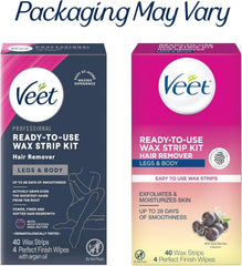 VEET Sugar Wax Strips For Women's Body Hair Removal, Bikini Hair Removal Kit, Pubic, Dermatologically Tested For Body & Intimate Areas, 40ct Wax Strips with Shea Butter & 4ct Wipes (Pack of 3)