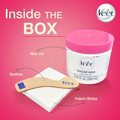 VEET Sugar Wax Hair Remover - Perfect for First Time Waxers - Contains 12 Fabric Strips & 1 Spatula with a Temperature Indicator