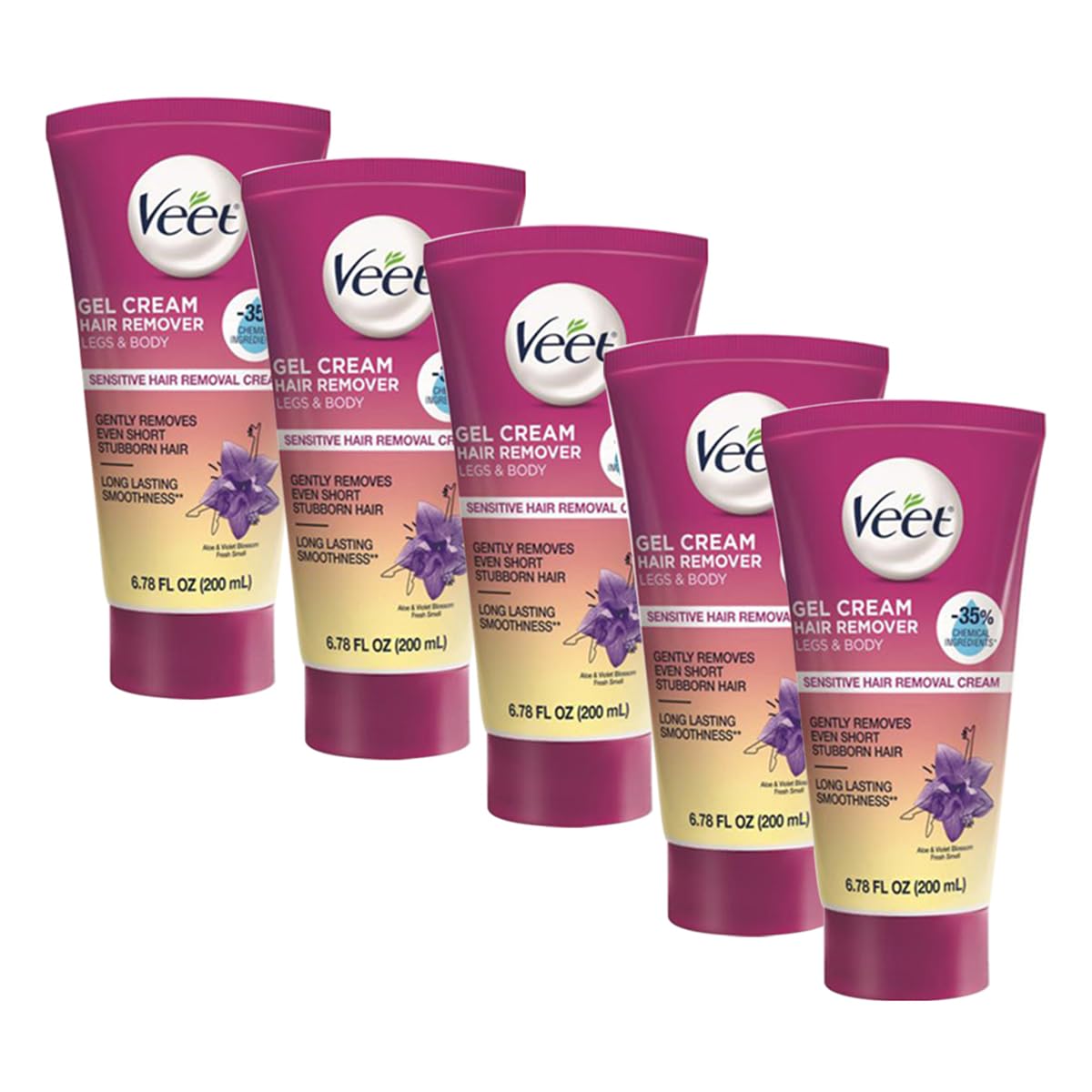 Veet Sensitive Skin Formula with Aloe Vera and Vitamin E, Dermatologically Tested Hair Removal Gel Cream 6.76 Fl Oz. for Legs & Body (5 Pack)
