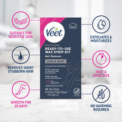 Veet Ready-to-Use Dermatologically Tested 40 Count Hair Remover Wax Strip Kit for Legs & Body (2 Pack)